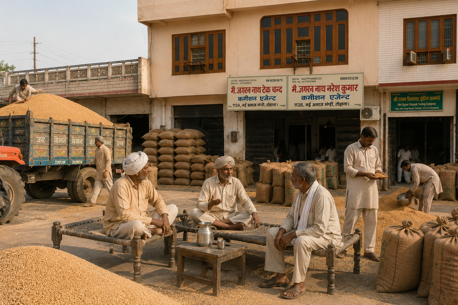 Farmers gathered at Shop No. 113, New Anaj Mandi Tohana — grain trade in progress