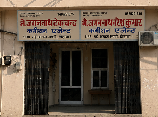 Shop No. 113A & 113B signboards — M. Jagan Nath Tek Chand and M. Jagan Nath Naresh Kumar, Commission Agent, New Anaj Mandi Tohana