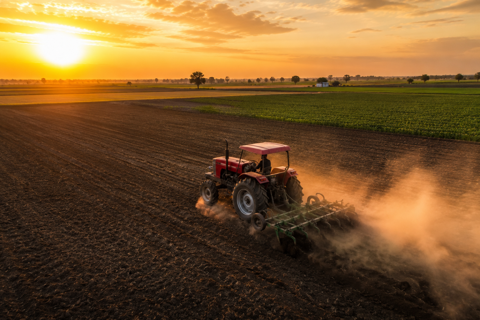 Tractor working in a field at sunset